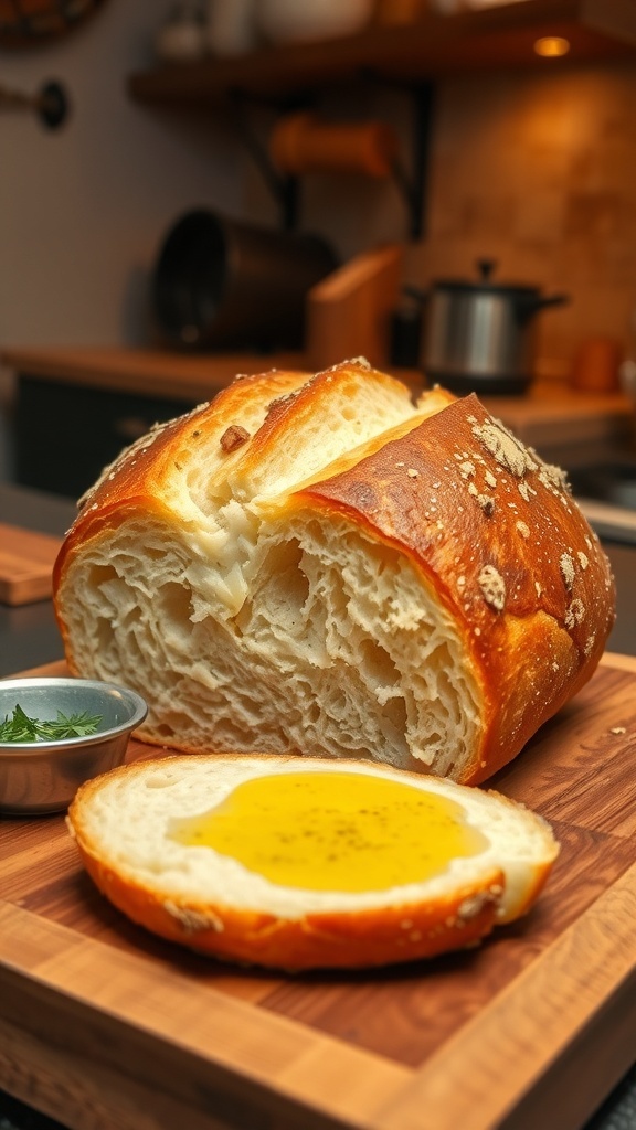 Freshly baked gluten-free bread loaf on a cutting board with slices and olive oil on the side.